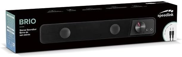 Speedlink BRIO Stereo Soundbar – for computer, excellent audio quality, 12 watt, compact design, 2x 3.5mm jack plug connection + USB-A plug, volume control, headphone and microphone socket, black
