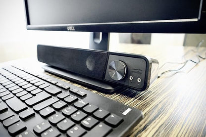 Speedlink BRIO Stereo Soundbar – for computer, excellent audio quality, 12 watt, compact design, 2x 3.5mm jack plug connection + USB-A plug, volume control, headphone and microphone socket, black