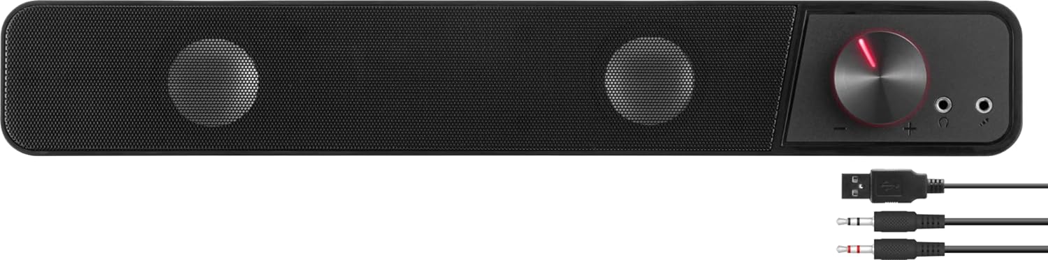 Speedlink BRIO Stereo Soundbar – for computer, excellent audio quality, 12 watt, compact design, 2x 3.5mm jack plug connection + USB-A plug, volume control, headphone and microphone socket, black