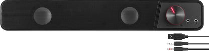 Speedlink BRIO Stereo Soundbar – for computer, excellent audio quality, 12 watt, compact design, 2x 3.5mm jack plug connection + USB-A plug, volume control, headphone and microphone socket, black