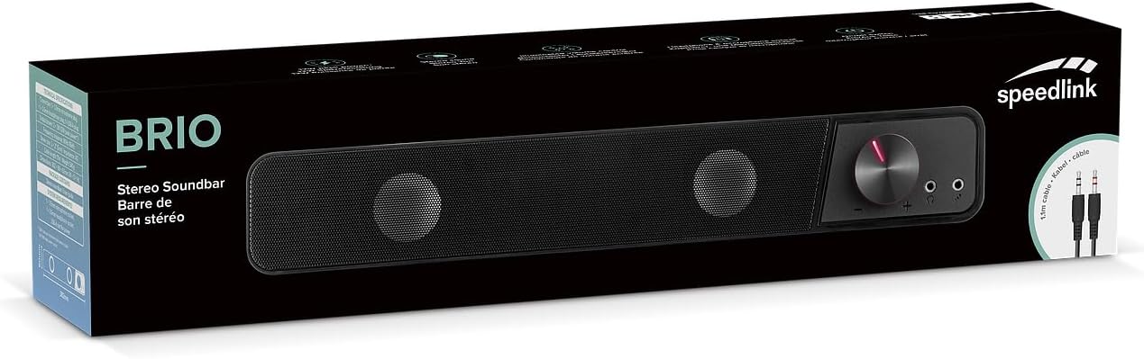 Speedlink BRIO Stereo Soundbar – for computer, excellent audio quality, 12 watt, compact design, 2x 3.5mm jack plug connection + USB-A plug, volume control, headphone and microphone socket, black