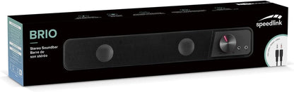 Speedlink BRIO Stereo Soundbar – for computer, excellent audio quality, 12 watt, compact design, 2x 3.5mm jack plug connection + USB-A plug, volume control, headphone and microphone socket, black