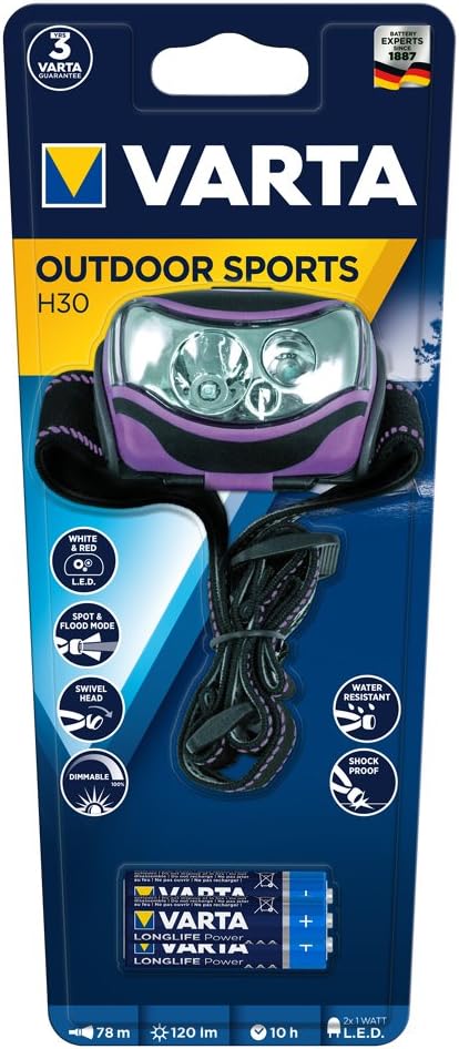 VARTA Light Torch Head lamp Robust (Drop Test 2 m) and Splash-Proof (IPX4) housing, Purple