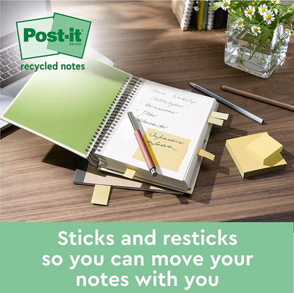 Post-it Super Sticky 100% Recycled Notes, Pack of 12 Pads, 70 Sheets per Pad, 47.6 mm x 47.6 mm, Canary Yellow - Extra Sticky Notes Made from 100% Recycled Paper