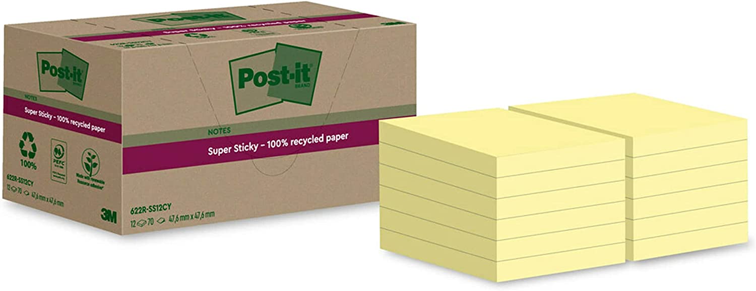 Post-it Super Sticky 100% Recycled Notes, Pack of 12 Pads, 70 Sheets per Pad, 47.6 mm x 47.6 mm, Canary Yellow - Extra Sticky Notes Made from 100% Recycled Paper