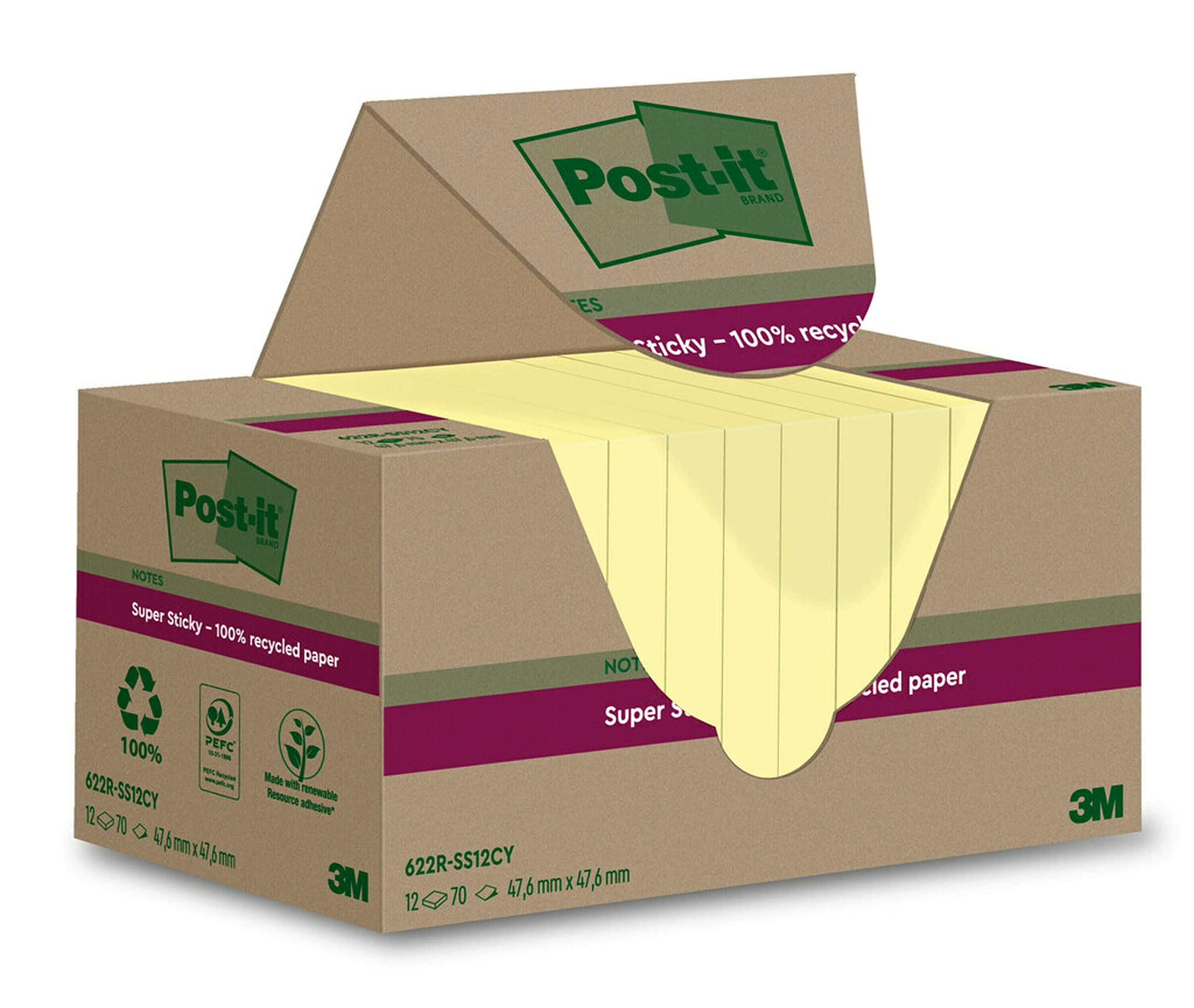 Post-it Super Sticky 100% Recycled Notes, Pack of 12 Pads, 70 Sheets per Pad, 47.6 mm x 47.6 mm, Canary Yellow - Extra Sticky Notes Made from 100% Recycled Paper