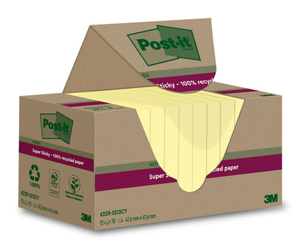 Post-it Super Sticky 100% Recycled Notes, Pack of 12 Pads, 70 Sheets per Pad, 47.6 mm x 47.6 mm, Canary Yellow - Extra Sticky Notes Made from 100% Recycled Paper