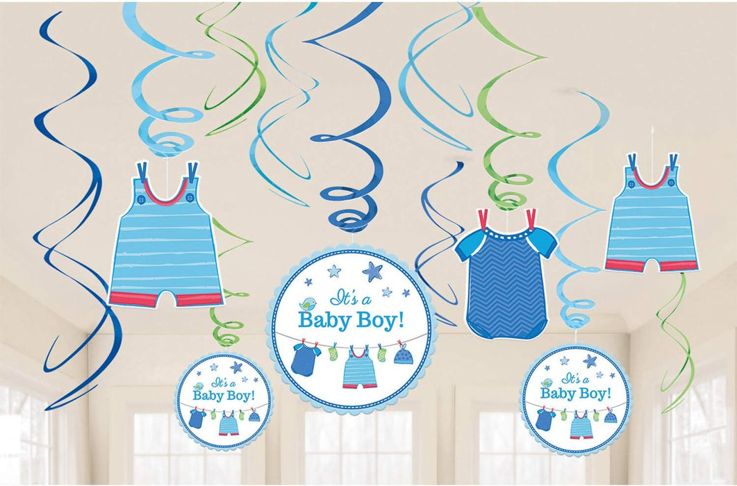 Amscan 10118307 Cardstock and Foil 25.4 x 24.13 x 1.02 cm With Love Baby Boy Swirl Decorations, Blue, 12 Pcs