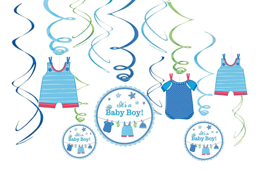 Amscan 10118307 Cardstock and Foil 25.4 x 24.13 x 1.02 cm With Love Baby Boy Swirl Decorations, Blue, 12 Pcs