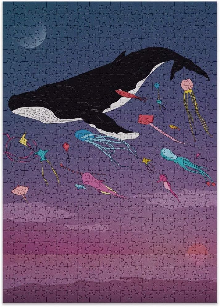 Cloudberries Whale Puzzle, Dreamy Whale Jigsaw Puzzle for Adults, 500 Piece Puzzles, Fun Ocean Puzzle with Gradient Colours, Bright Kites and a Full Moon, Made in Europe