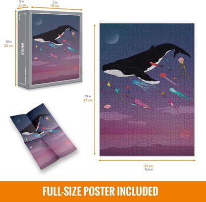 Cloudberries Whale Puzzle, Dreamy Whale Jigsaw Puzzle for Adults, 500 Piece Puzzles, Fun Ocean Puzzle with Gradient Colours, Bright Kites and a Full Moon, Made in Europe