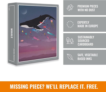 Cloudberries Whale Puzzle, Dreamy Whale Jigsaw Puzzle for Adults, 500 Piece Puzzles, Fun Ocean Puzzle with Gradient Colours, Bright Kites and a Full Moon, Made in Europe
