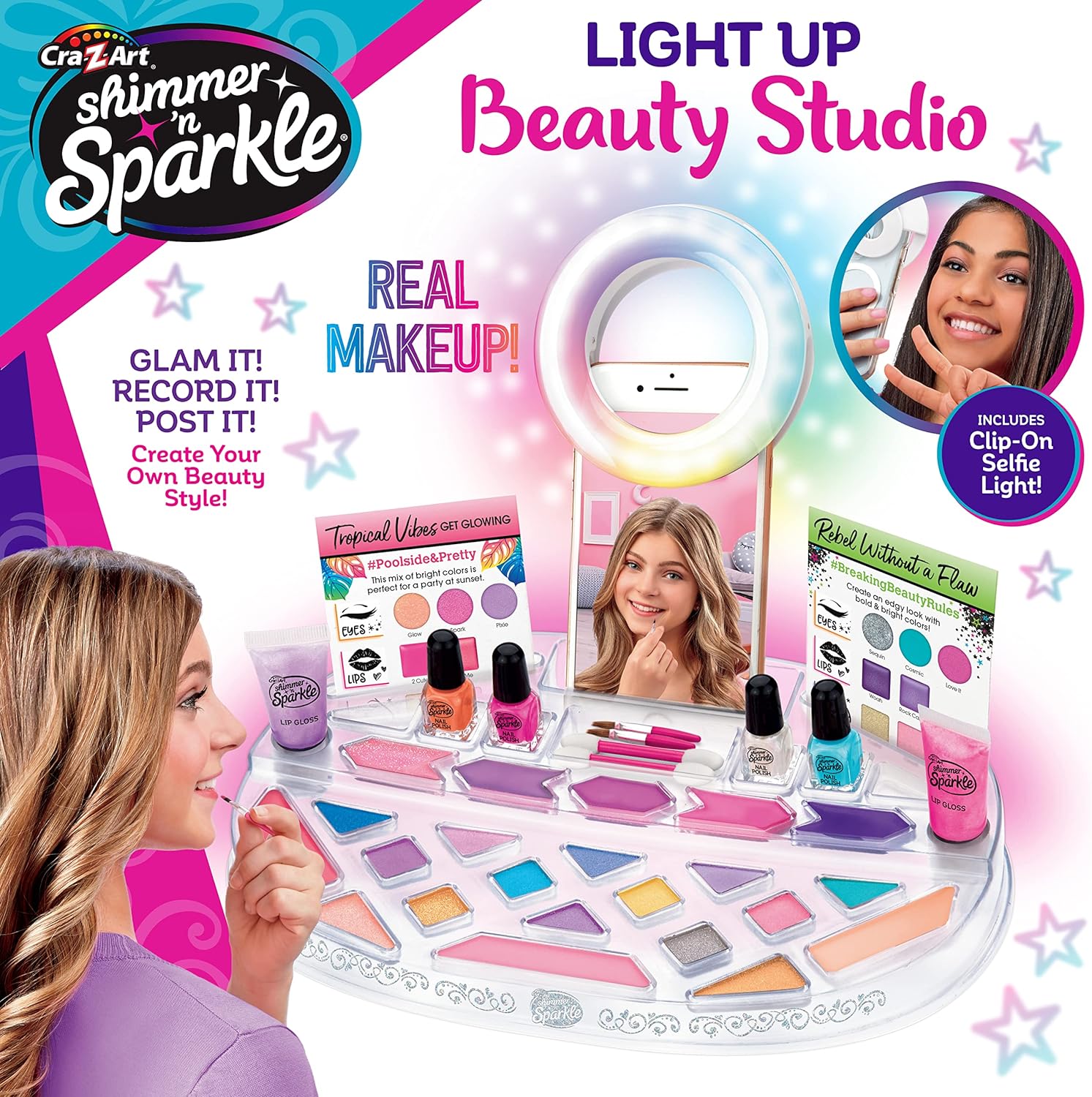 Shimmer and Sparkle Estudio de Belleza Iluminado con Anillo para Selfie, Juego de Maquillaje, Ideas de Regalo para niñas, Seguro y no tóxico, Multicolor, Medium (Larose Ind 17346