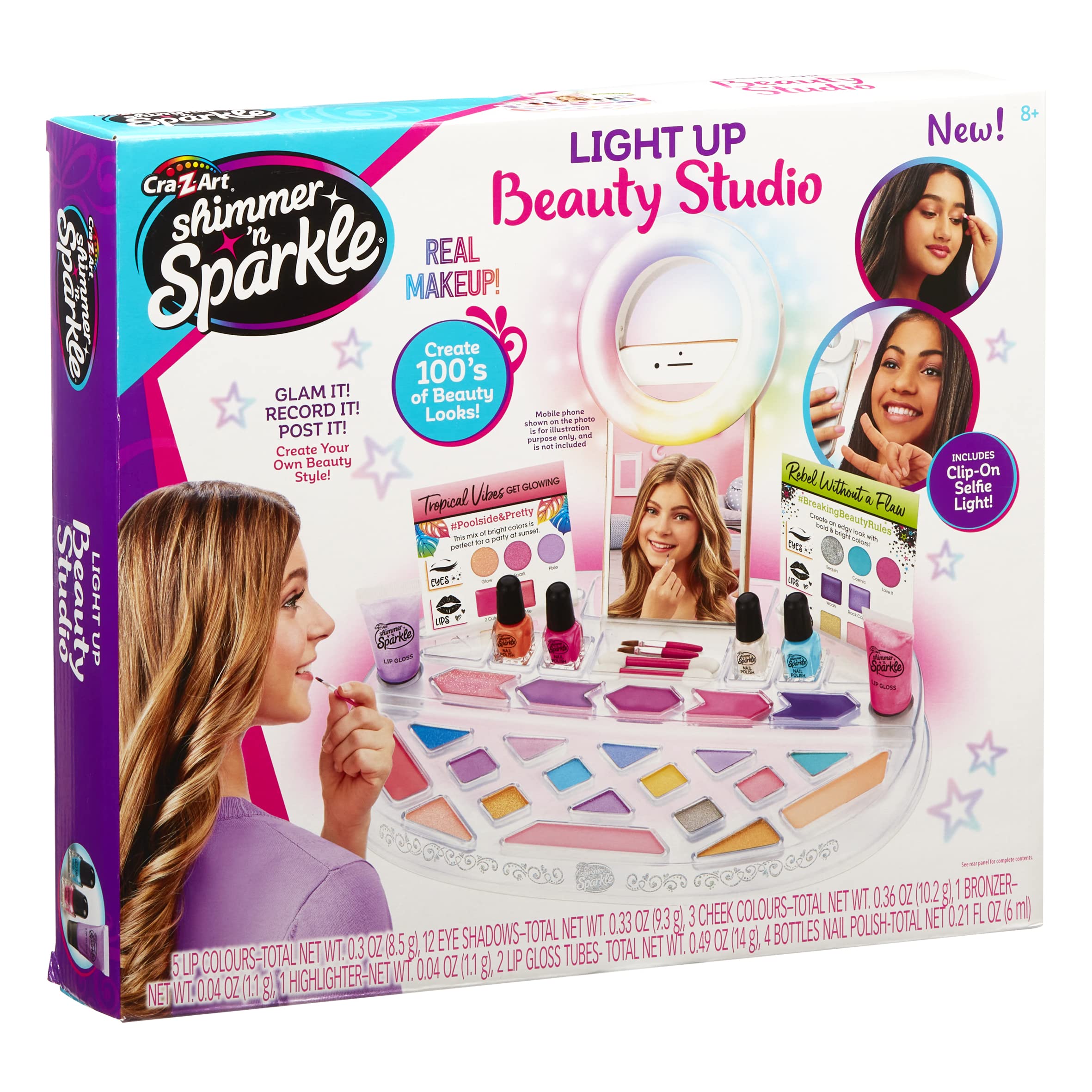 Shimmer and Sparkle Estudio de Belleza Iluminado con Anillo para Selfie, Juego de Maquillaje, Ideas de Regalo para niñas, Seguro y no tóxico, Multicolor, Medium (Larose Ind 17346