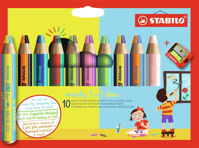STABILO Woody 3-in-1 Pencil Set, Pack of 10 + Sharpener, DUO Asssorted