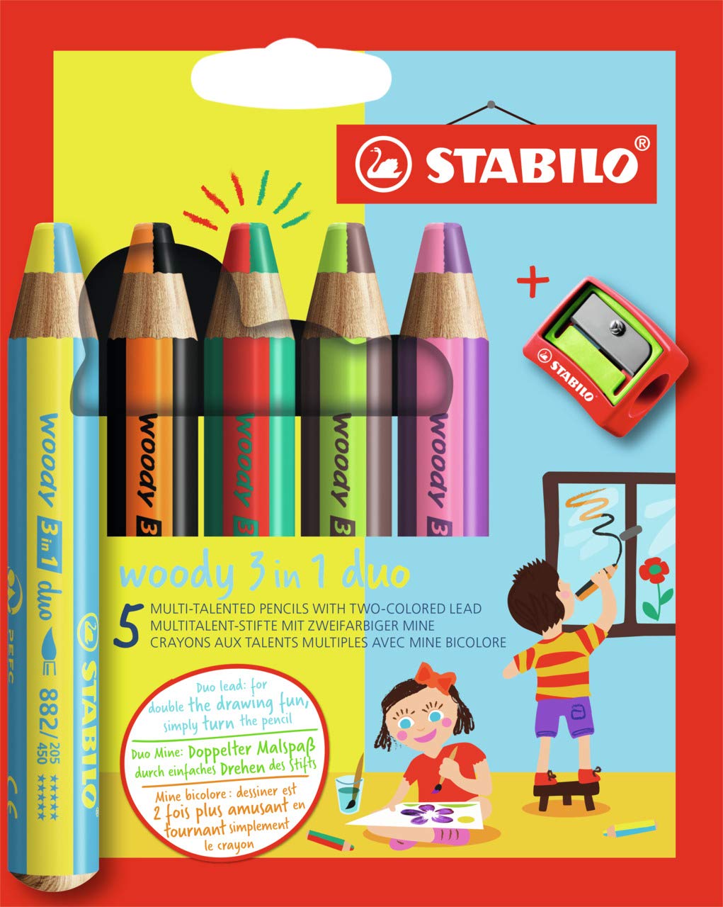 STABILO Multi-Talented Pencil Woody 3 in 1 Duo - Pack of 5 - Assorted Colours with Sharpener, Multicolor
