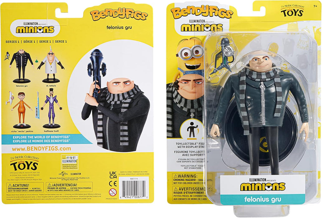 BendyFigs The Noble Collection Minions Gru - Noble Toys 16cm Bendable Posable Collectible Doll Figure With Stand and Mini Accessory