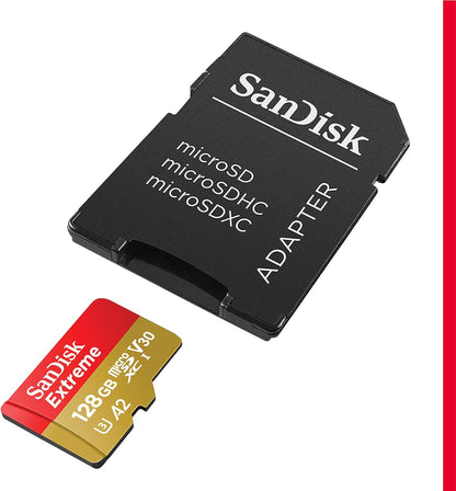 SanDisk 128GB Extreme microSDXC card + SD adapter + RescuePRO Deluxe, up to 190MB/s, with A2 App Performance, UHS-I, Class 10, U3, V30, Black