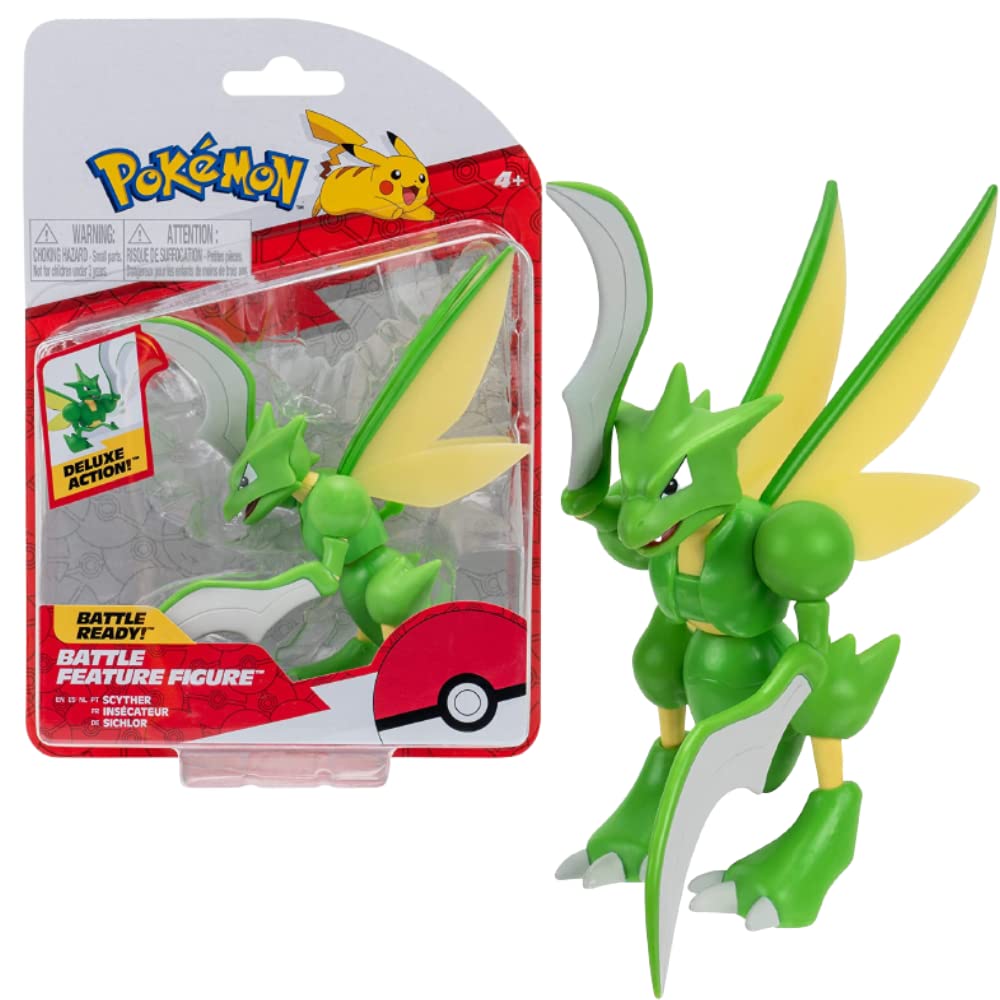 Pokémon PKW0167 Pokemon Feature 4.5-Inch Scyther Battle Figure with Chop Attack Arms, Multi