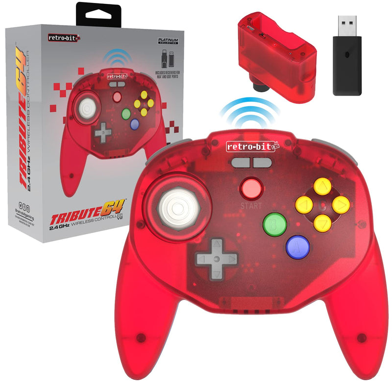 Retro-Bit Tribute64 2.4Ghz Wireless Controller For N64, Switch, PC, Mac and Other USB Devices - Clear Red (Nintendo Switch//