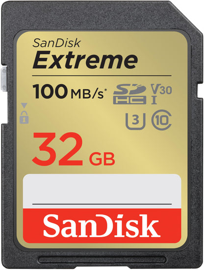 SanDisk Extreme SDHC UHS-I Speicherkarte 32 GB (V30, 100 MB/s Übertragung, U3, 4K UHD Videos, wasserdicht, stoßfest, temperaturbeständig