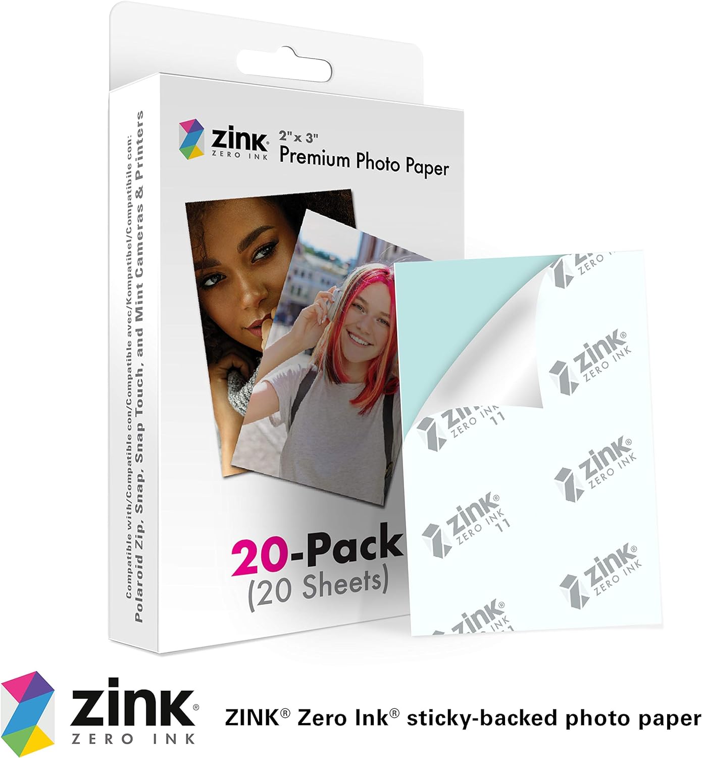 Zink 2"x3" Premium Photo Paper (20 Pack) Compatible with Polaroid Snap, Snap Touch, Zip and Mint Cameras and Printers, ZINKPZ2X320, White