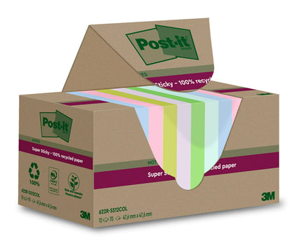 Post-it Foglietti Super Sticky Riciclati, Confezione da 12 Blocchetti, 70 Fogli per Blocchetto, 47.6 mm x 47.6 mm, Rosa, Verde, Blu, Viola, Giallo - Foglietti Super Adesivi in carta riciclata al 100%