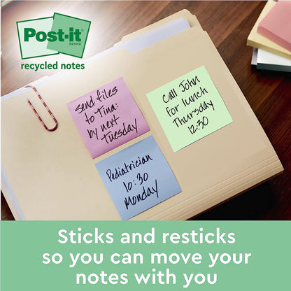 Post-it Foglietti Super Sticky Riciclati, Confezione da 12 Blocchetti, 70 Fogli per Blocchetto, 47.6 mm x 47.6 mm, Rosa, Verde, Blu, Viola, Giallo - Foglietti Super Adesivi in carta riciclata al 100%