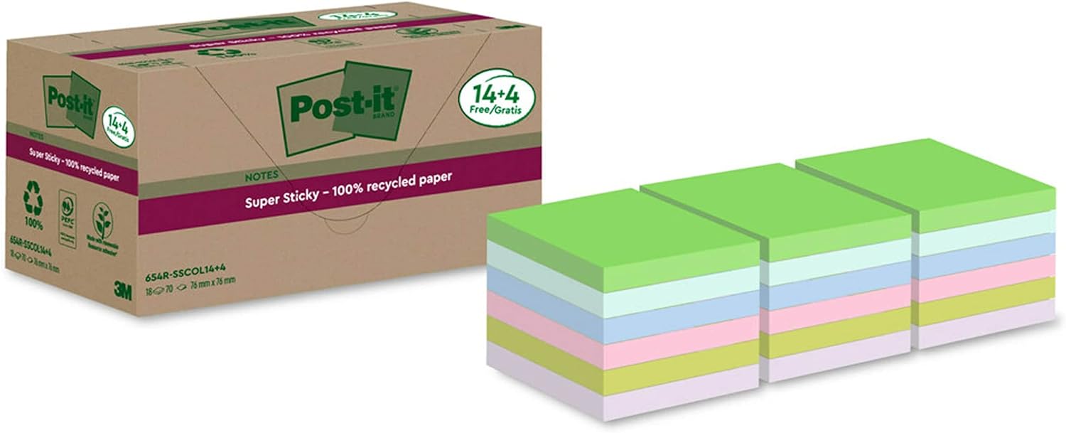 Post-it Super Sticky 100% Recycled Notes, Pack of 14+4 Free Pads, 70 Sheets per Pad, 76 mm x 76 mm, Pink, Green, Blue, Purple, Yellow - Extra Sticky Notes Made from 100% Recycled Paper