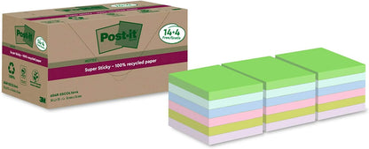Post-it Super Sticky 100% Recycled Notes, Pack of 14+4 Free Pads, 70 Sheets per Pad, 76 mm x 76 mm, Pink, Green, Blue, Purple, Yellow - Extra Sticky Notes Made from 100% Recycled Paper