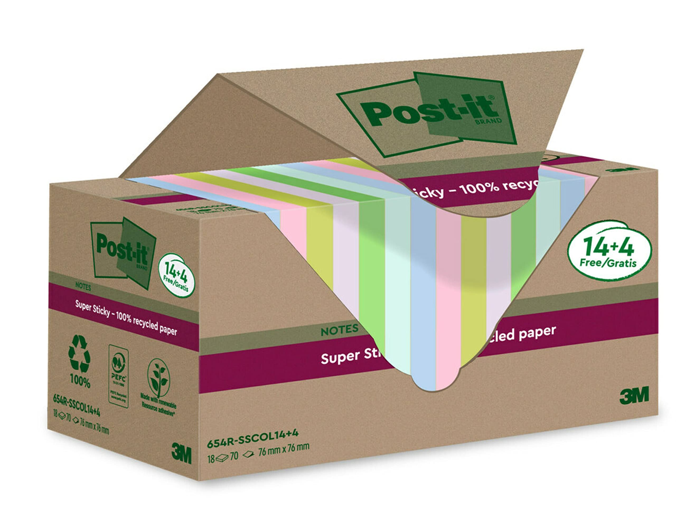 Post-it Super Sticky 100% Recycled Notes, Pack of 14+4 Free Pads, 70 Sheets per Pad, 76 mm x 76 mm, Pink, Green, Blue, Purple, Yellow - Extra Sticky Notes Made from 100% Recycled Paper