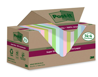 Post-it Super Sticky 100% Recycled Notes, Pack of 14+4 Free Pads, 70 Sheets per Pad, 76 mm x 76 mm, Pink, Green, Blue, Purple, Yellow - Extra Sticky Notes Made from 100% Recycled Paper