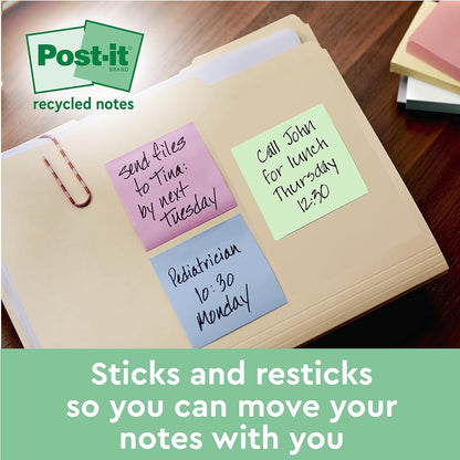 Post-it Super Sticky 100% Recycled Notes, Pack of 14+4 Free Pads, 70 Sheets per Pad, 76 mm x 76 mm, Pink, Green, Blue, Purple, Yellow - Extra Sticky Notes Made from 100% Recycled Paper