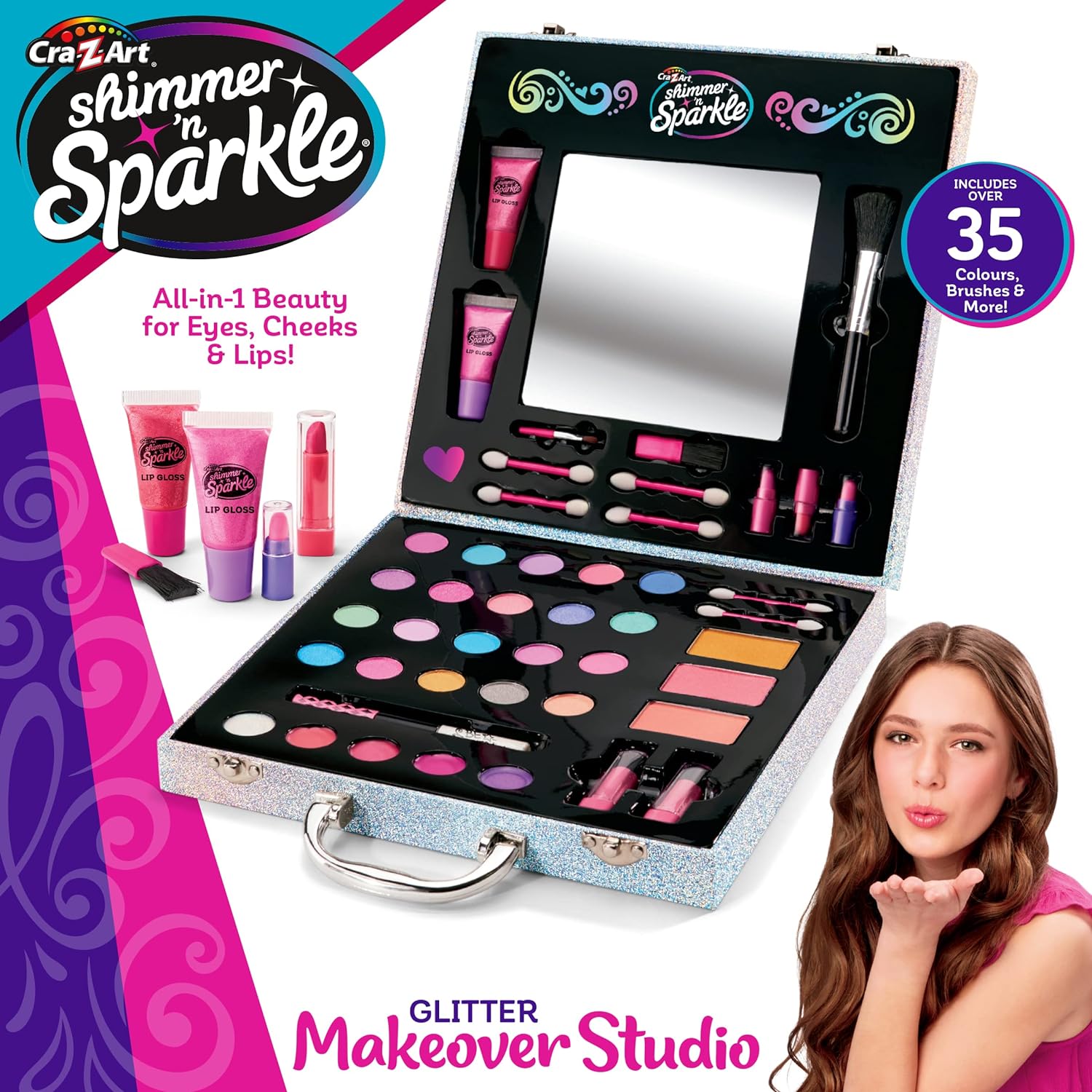 Shimmer and Sparkle Shimmering Glitter Makeover Studio Kids makeup set for girls real cosmetics kit for girls Washable make Safe non-toxic makeup
