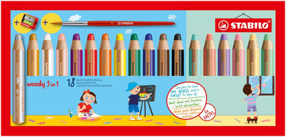Multi-Talented Pencil - STABILO woody 3 in 1 - Pack of 18 - Assorted Standard and Pastel Colours with Sharpener and Paint Brush