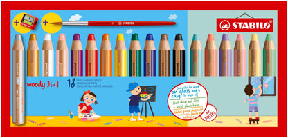 Multi-Talented Pencil - STABILO woody 3 in 1 - Pack of 18 - Assorted Standard and Pastel Colours with Sharpener and Paint Brush