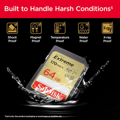 SanDisk Extreme SDXC Tarjeta SD 64 GB (SD Card UHS-I, V30, hasta 170 MB/s, Software de recuperación de datos RescuePRO Deluxe, SanDisk Quicklow Technologie, 4K UHD Videos, Class 10, U3