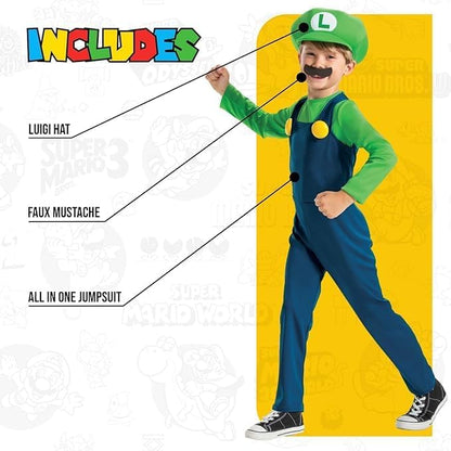 Super Mario - Disfraz Luigi Oficial - Incluye Bigote y Gorro - Tallas XS, S, M - Para Niños de 3 a 8 Años