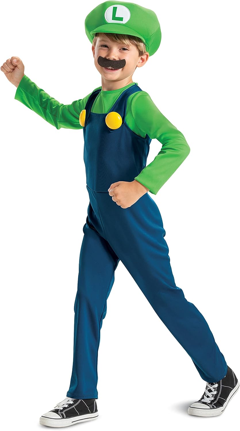 Super Mario - Disfraz Luigi Oficial - Incluye Bigote y Gorro - Tallas XS, S, M - Para Niños de 3 a 8 Años