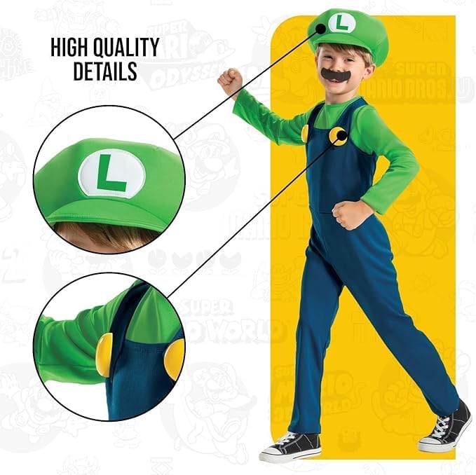 Super Mario - Disfraz Luigi Oficial - Incluye Bigote y Gorro - Tallas XS, S, M - Para Niños de 3 a 8 Años