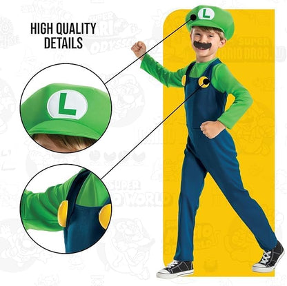 Super Mario - Disfraz Luigi Oficial - Incluye Bigote y Gorro - Tallas XS, S, M - Para Niños de 3 a 8 Años