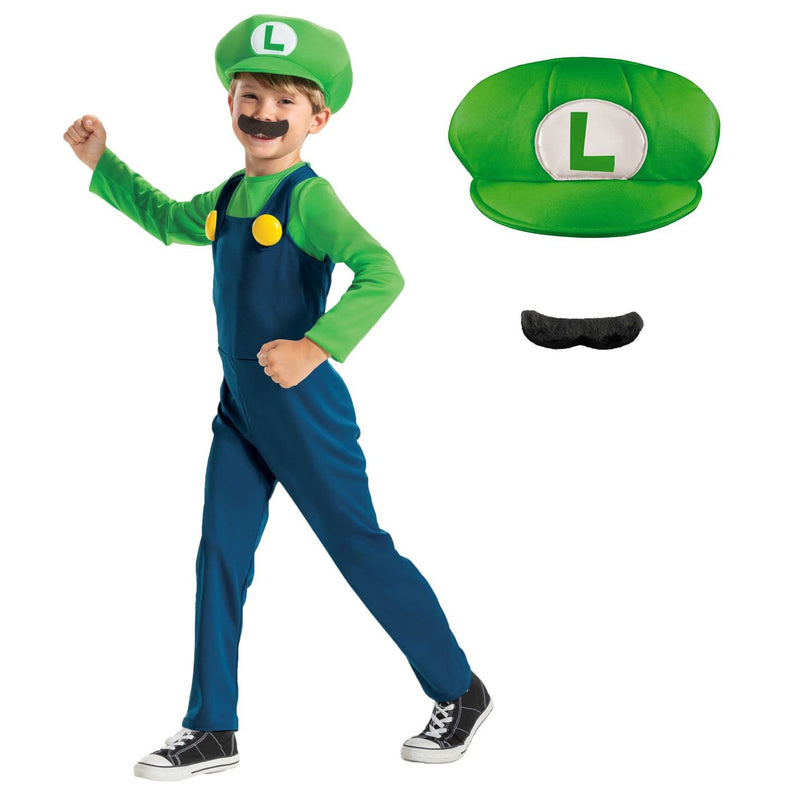 Super Mario - Disfraz Luigi Oficial - Incluye Bigote y Gorro - Tallas XS, S, M - Para Niños de 3 a 8 Años