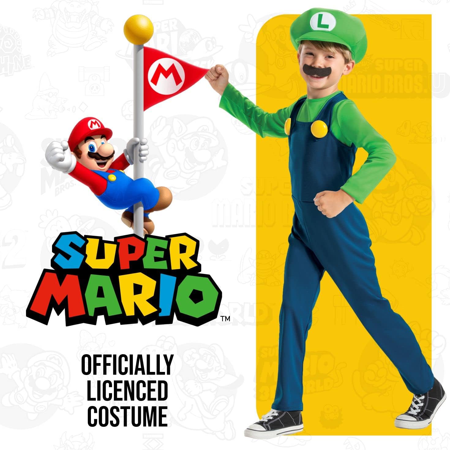 Super Mario - Disfraz Luigi Oficial - Incluye Bigote y Gorro - Tallas XS, S, M - Para Niños de 3 a 8 Años