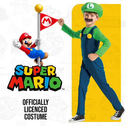 Super Mario - Disfraz Luigi Oficial - Incluye Bigote y Gorro - Tallas XS, S, M - Para Niños de 3 a 8 Años