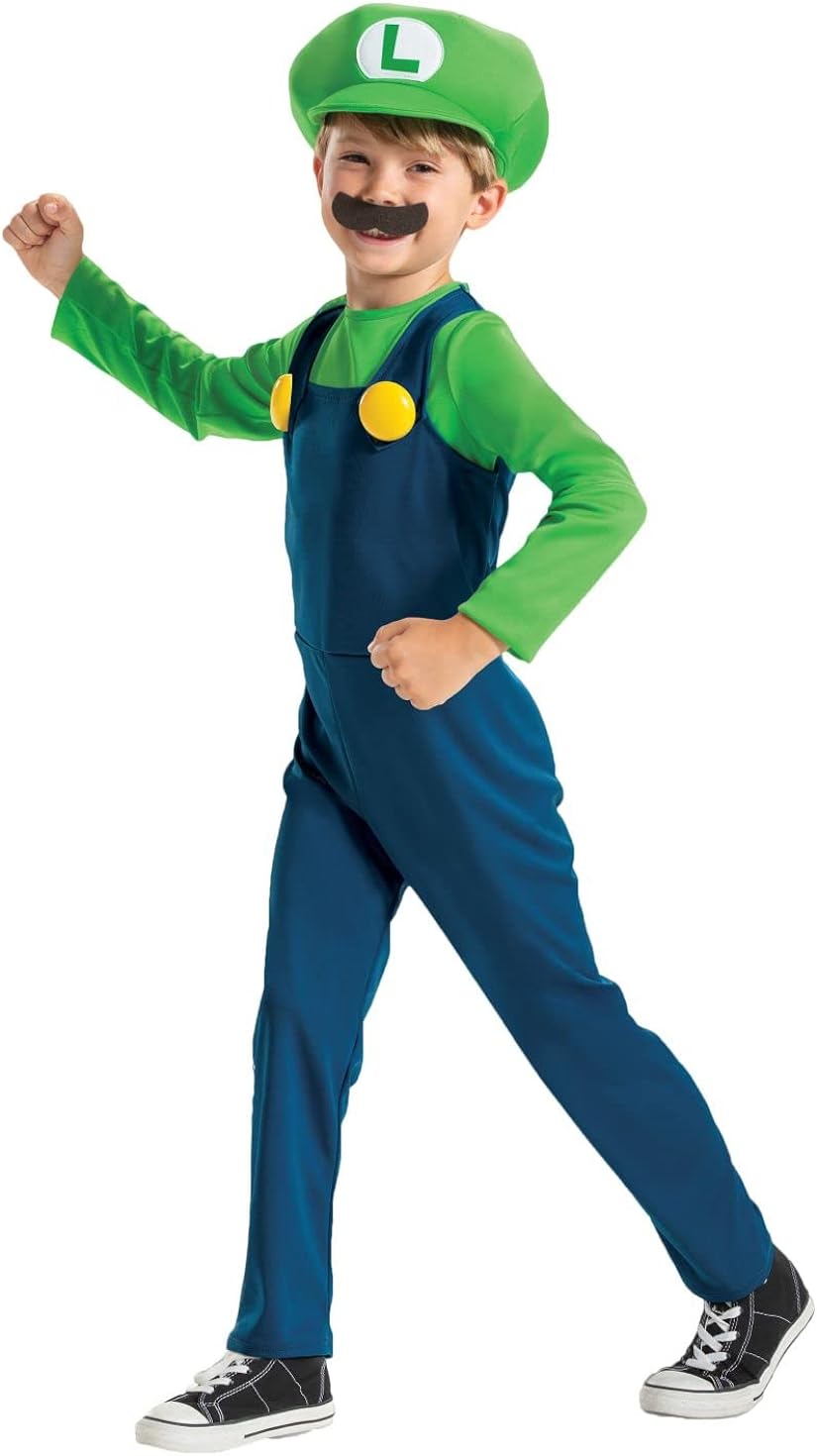 Super Mario - Disfraz Luigi Oficial - Incluye Bigote y Gorro - Tallas XS, S, M - Para Niños de 3 a 8 Años