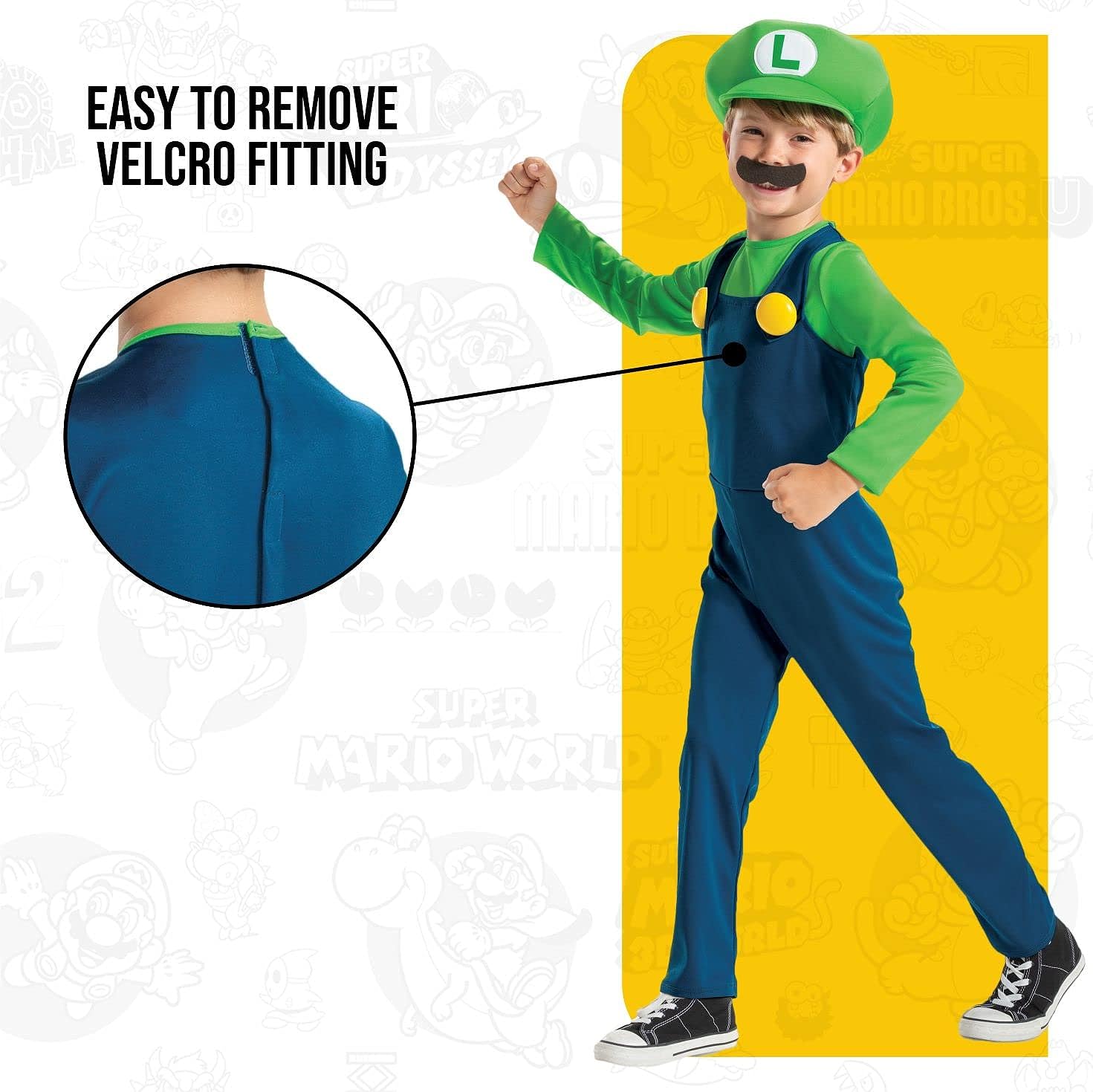 Super Mario - Disfraz Luigi Oficial - Incluye Bigote y Gorro - Tallas XS, S, M - Para Niños de 3 a 8 Años