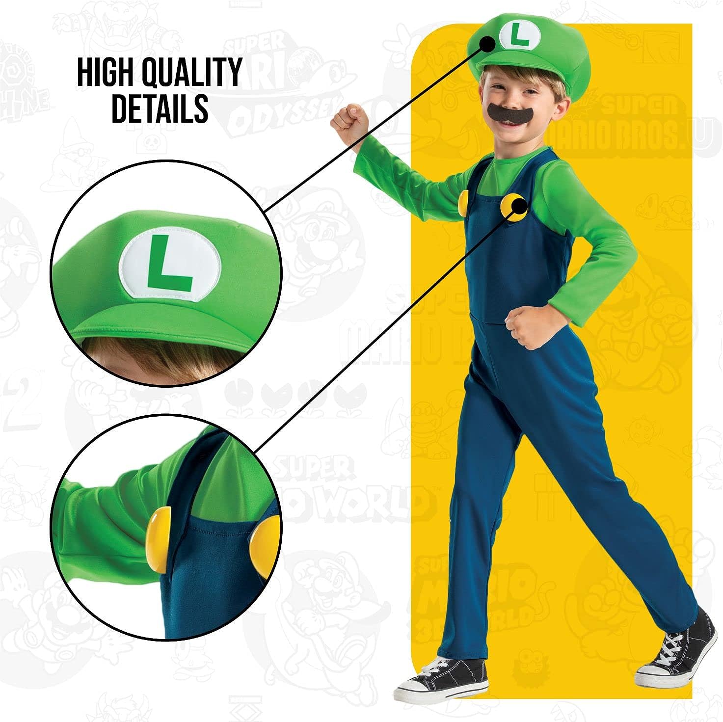 Super Mario - Disfraz Luigi Oficial - Incluye Bigote y Gorro - Tallas XS, S, M - Para Niños de 3 a 8 Años