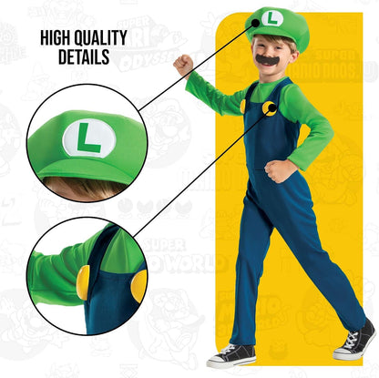 Super Mario - Disfraz Luigi Oficial - Incluye Bigote y Gorro - Tallas XS, S, M - Para Niños de 3 a 8 Años