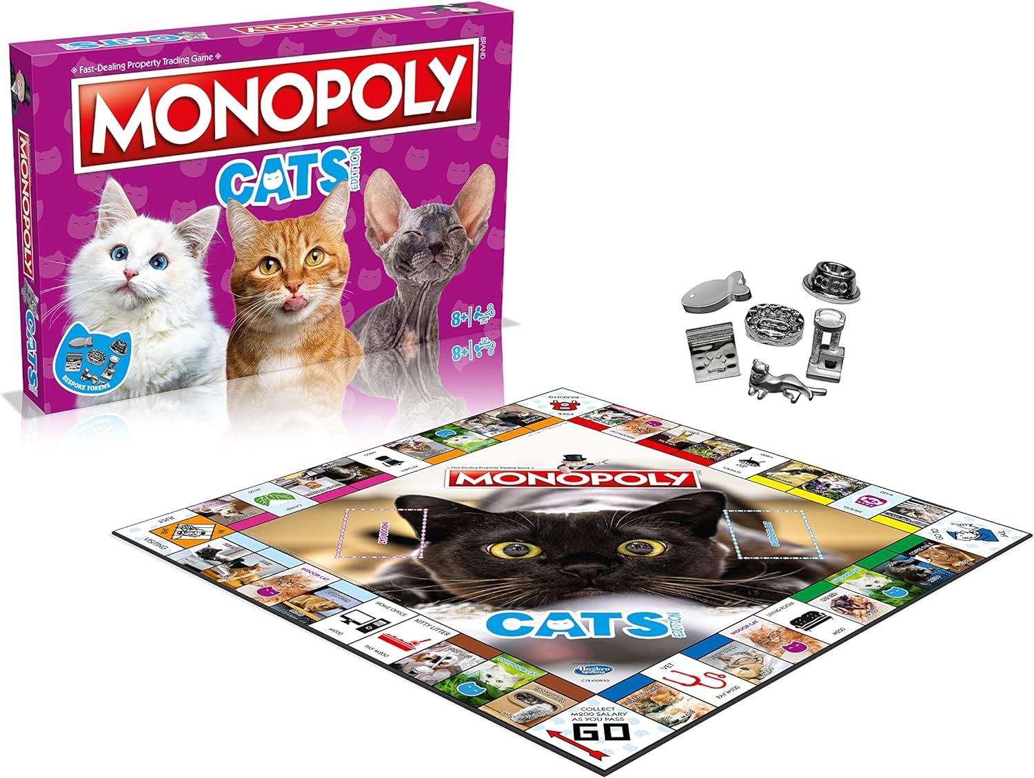 Winning Moves Gioco da tavolo Monopoly per gatti, acquista 22 dei posti preferiti dei nostri gatti per fare un pisolino e scambiare la tua strada verso il successo, ottimo regalo per bambini dagli 8