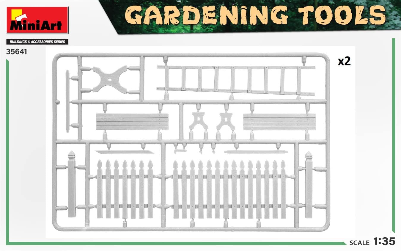 Mini Art 35641 1:35 Tuingereedschapsset, getrouwe replica, modelbouw, plastic bouwpakket, knutselen, hobby, lijmen, modelbouwset, montage, ongelakt